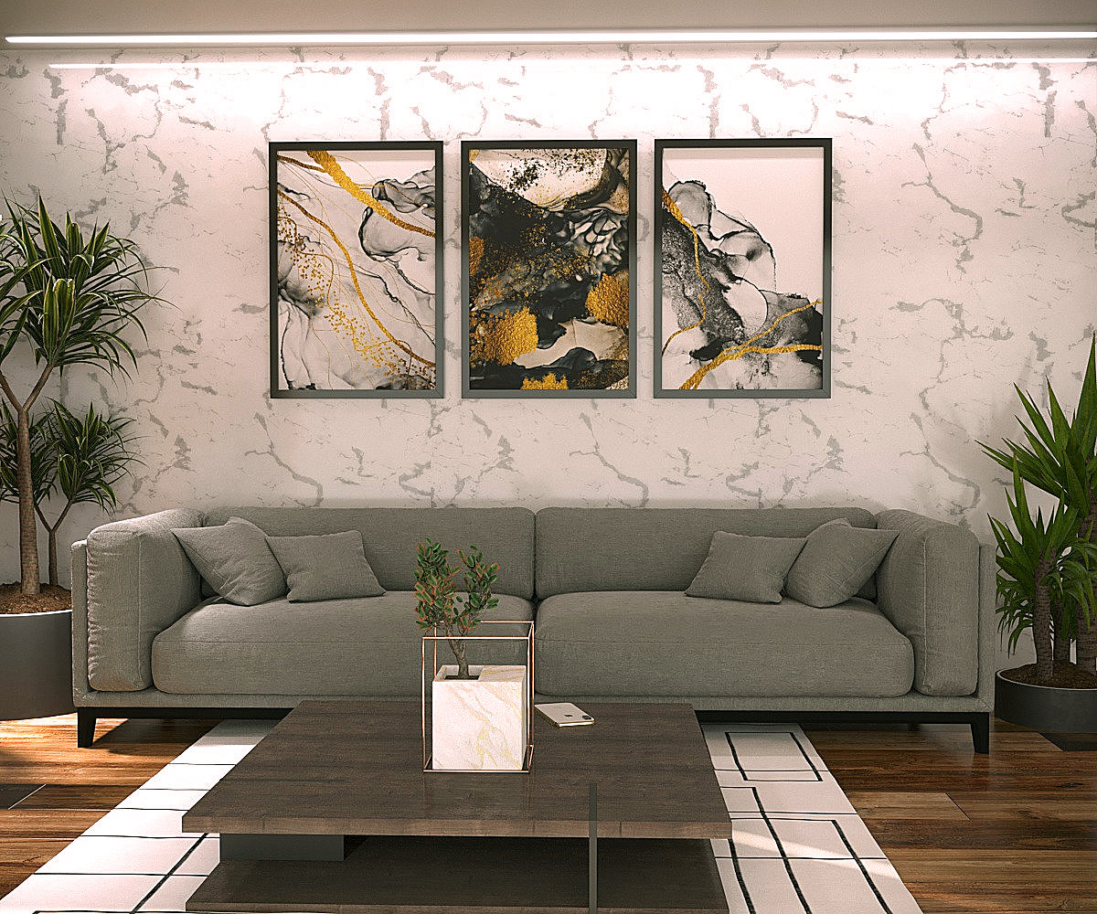 abstrakcja czarno-złota nad stylową kanapą zbliżenie