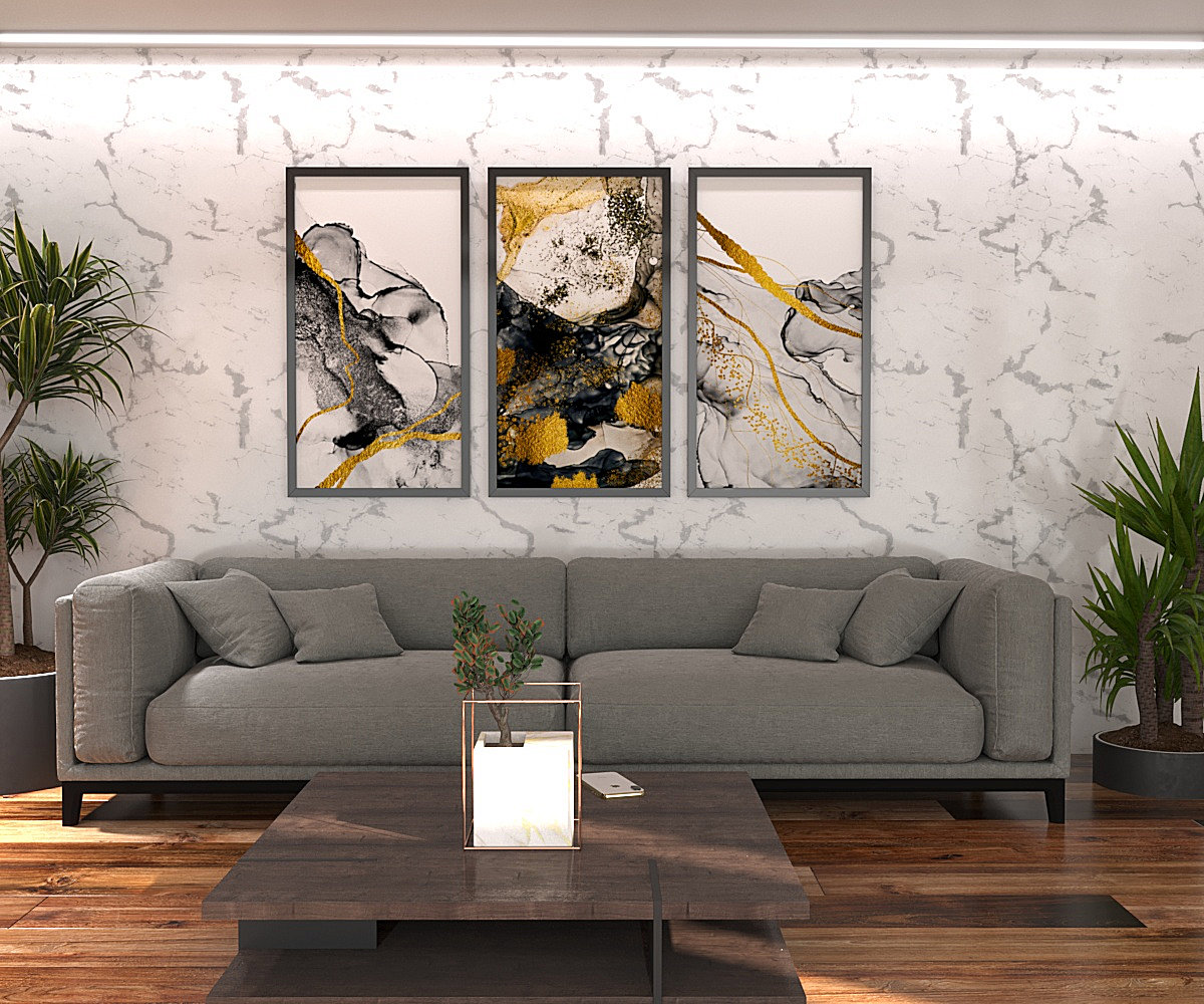 abstrakcja czarno-złota nad stylową kanapą