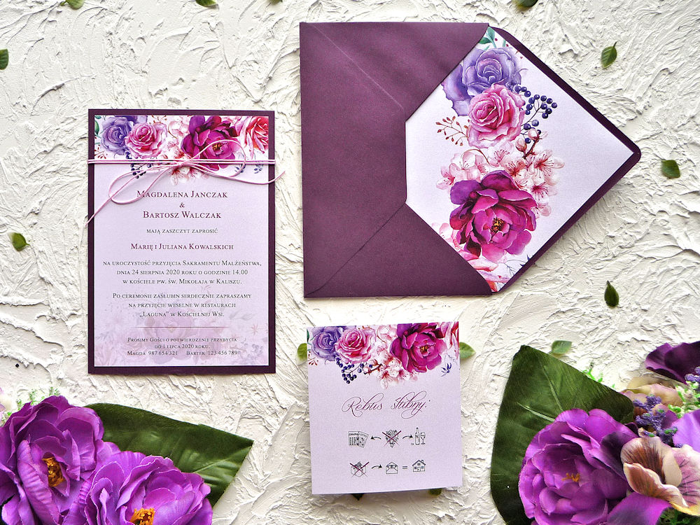 Zaproszenia ślubnew odcieniach fioletu ujęcie 3